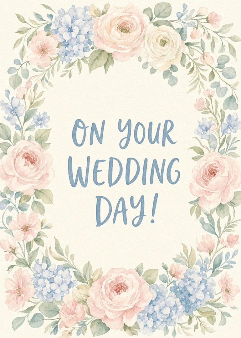 Pastel watercolor flowers and leaves frame the words On Your Wedding Day! in blue script.