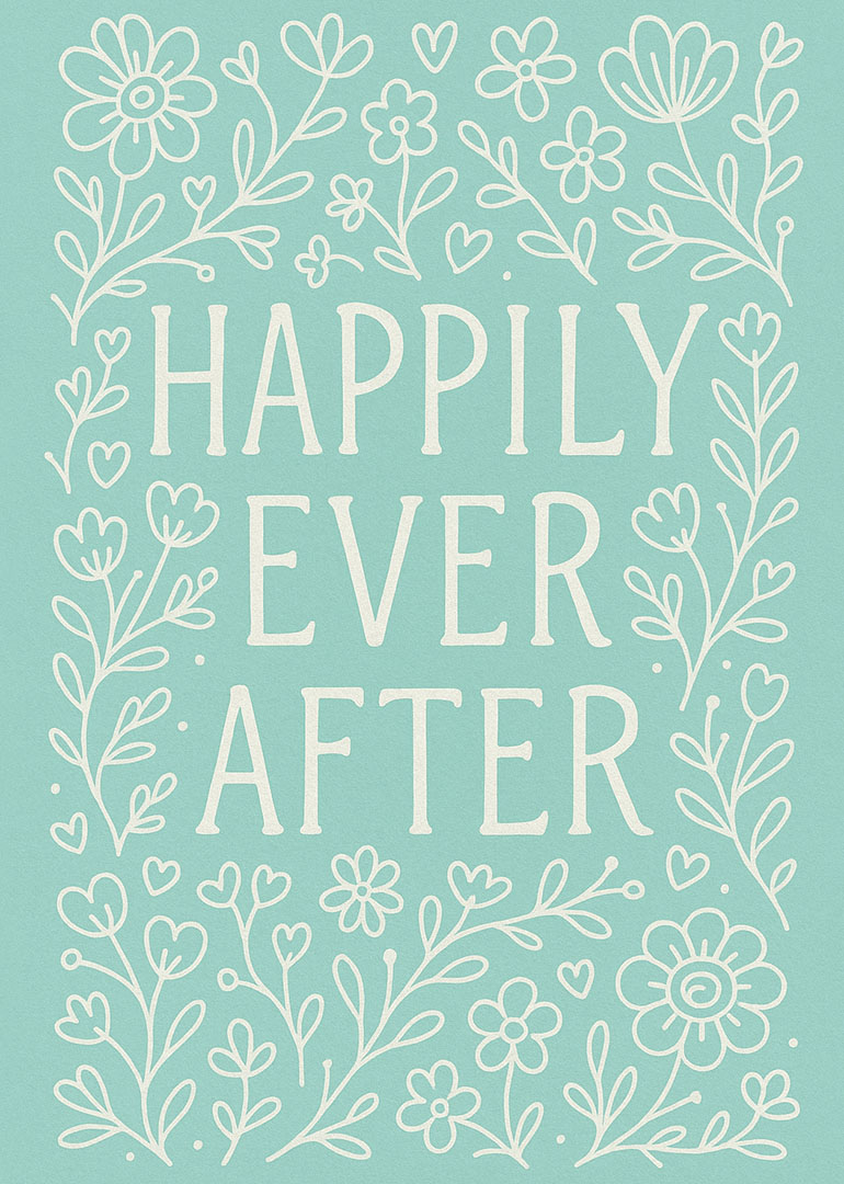 Wedding card with happily ever after text and white floral illustrations on blue background