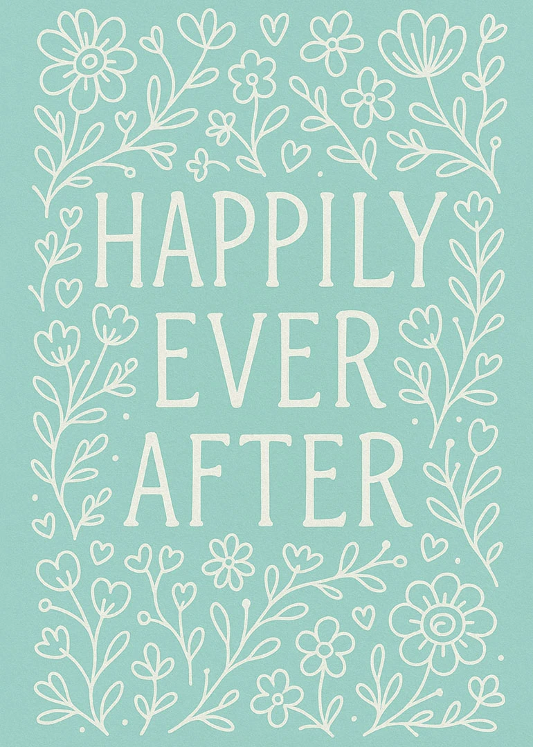 White floral doodles frame the words Happily Ever After on a soft aqua background.
