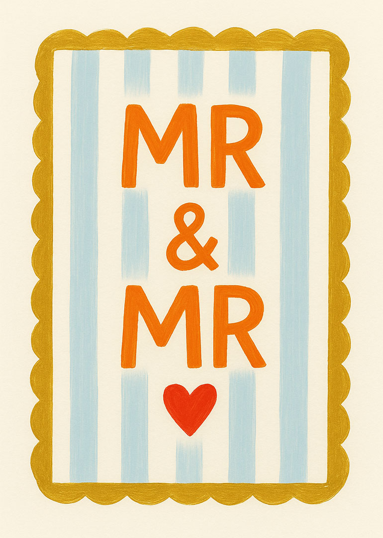 Mr & Mr card with orange text, red heart, blue stripes, and gold scalloped border
