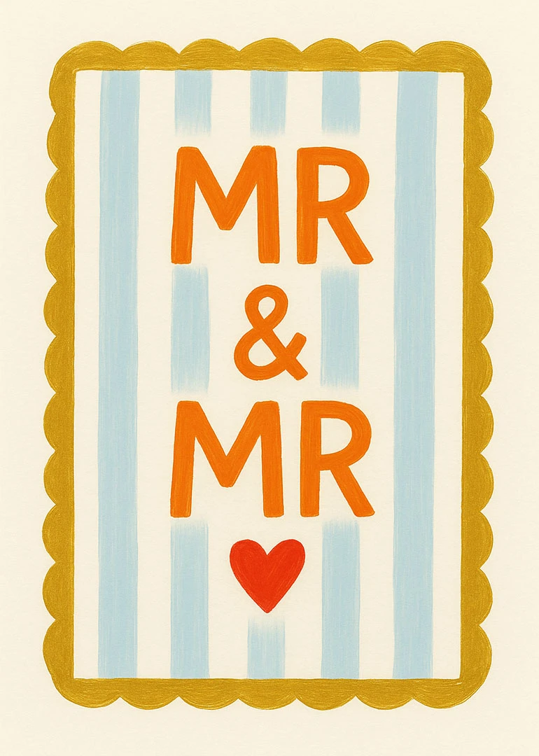 Hand-painted card with Mr and Mr text, blue stripes, gold border, and red heart.