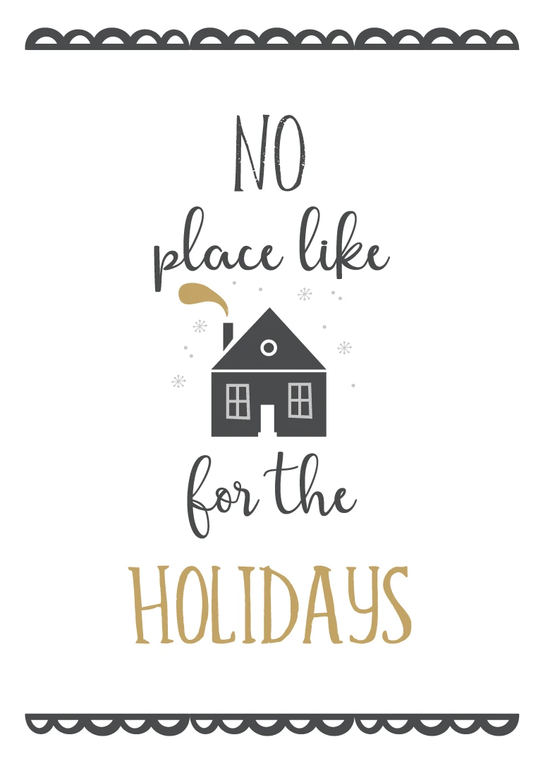 Minimal card with house illustration and the phrase no place like for the holidays.