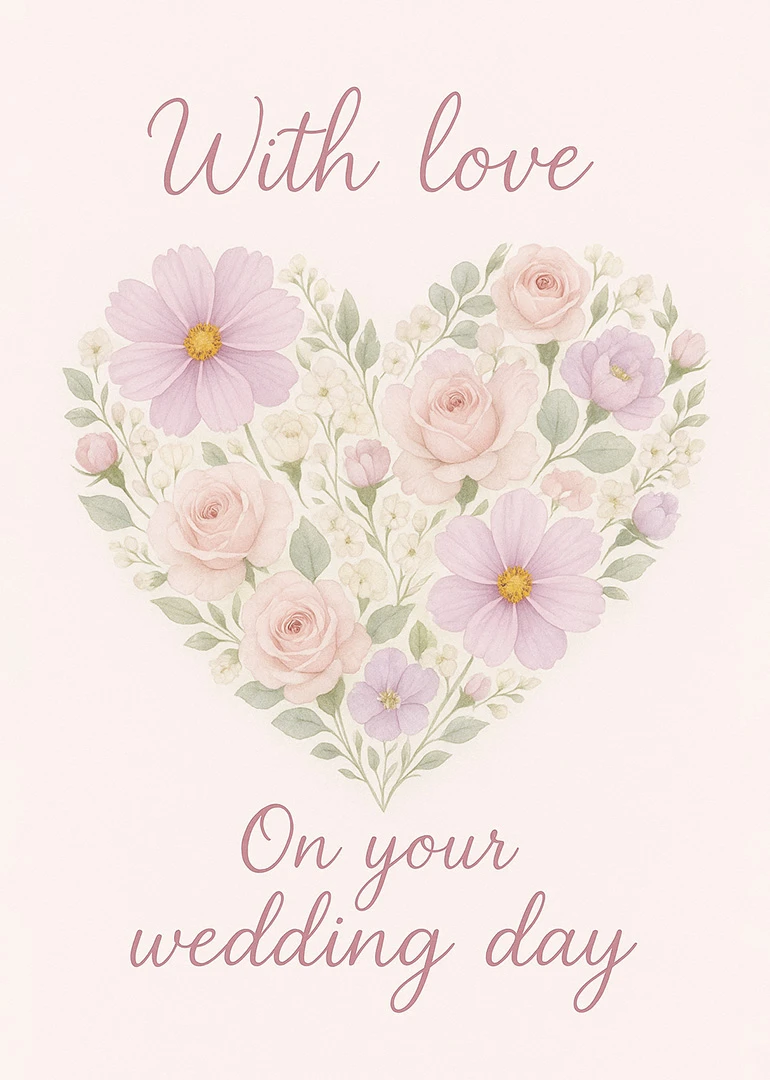 Pastel floral heart with roses and cosmos flowers, reading With love on your wedding day.