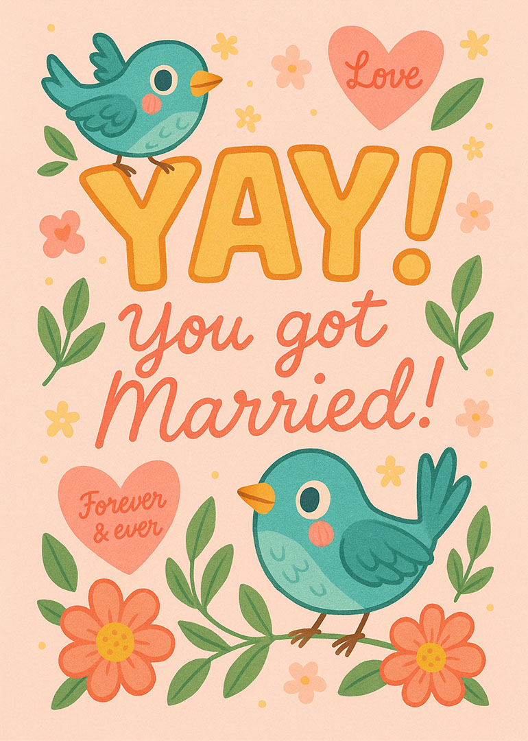 Wedding card with two blue birds, flowers, hearts, and cheerful marriage message