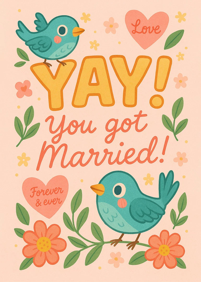 Cute birds, flowers, and hearts surround the words YAY! You got Married! on peach background.