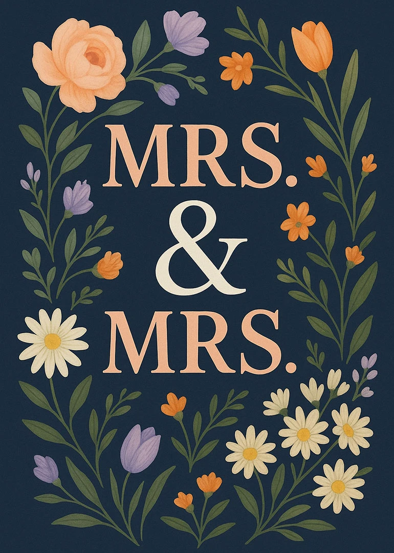Floral navy wedding card reading Mrs. & Mrs. with peach, lavender, and cream flowers.