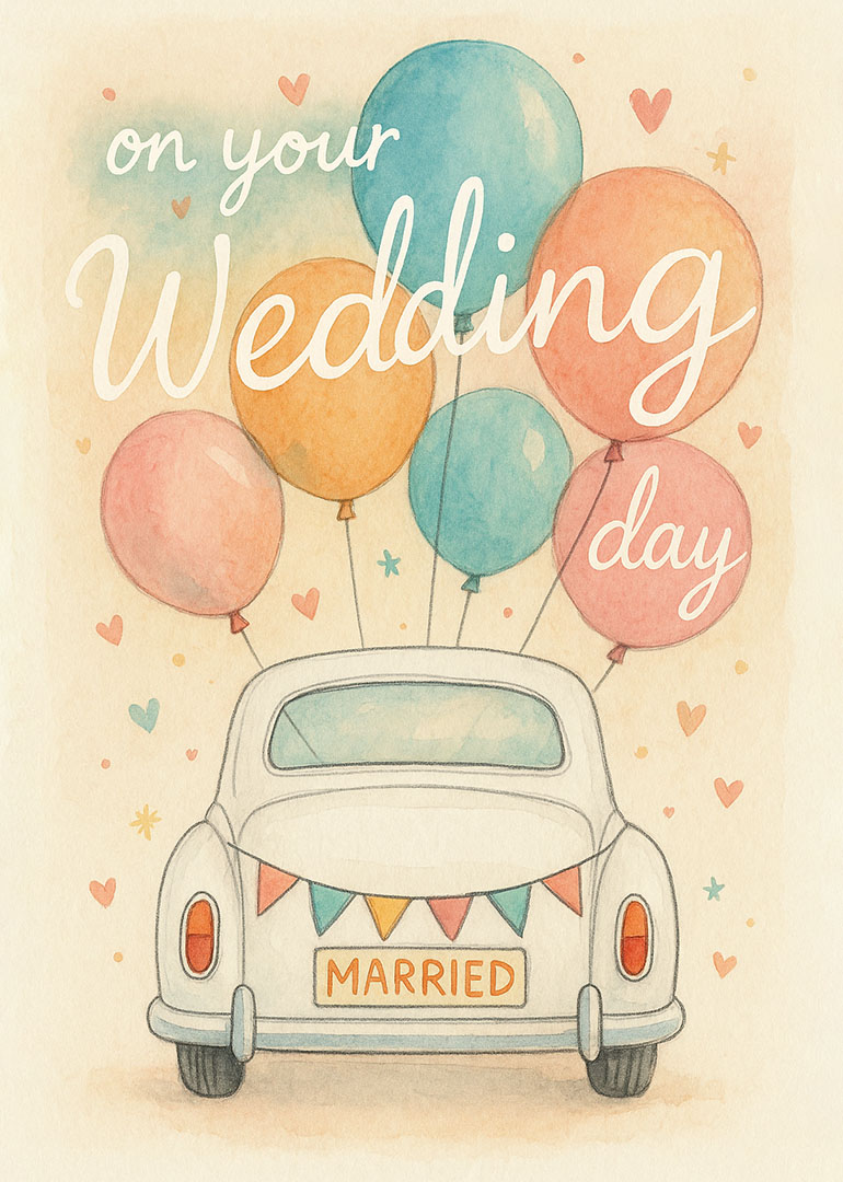 Watercolor wedding card with car, balloons, and hearts in soft pastel colors