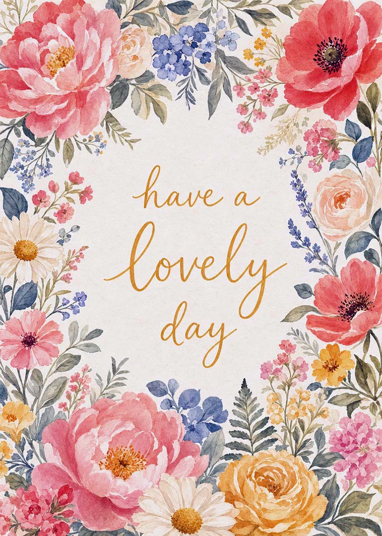 Watercolor floral border framing have a lovely day text in warm gold script on cream.