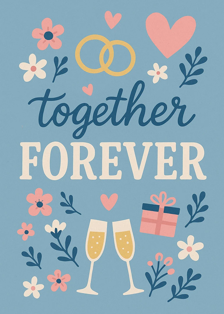 Blue card with rings, hearts, flowers, champagne glasses and a gift reading together forever inside.