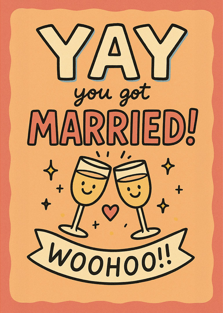 Card with toasting glasses, heart, stars, and text saying yay you got married woohoo