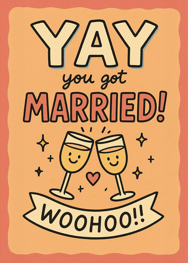 Playful card saying yay you got married with smiling champagne glasses and woohoo banner.