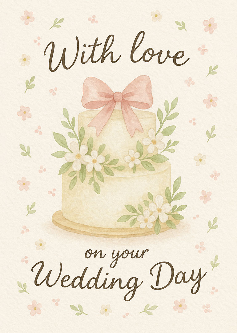 Wedding card with floral decorated cake and pink bow in soft pastel colors