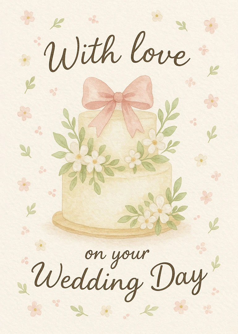 Watercolor wedding cake with pink bow and flowers, surrounded by delicate blossoms and pastel dots.