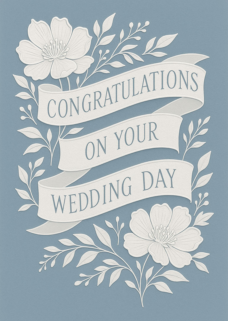 Wedding card with white flowers and ribbon on blue background