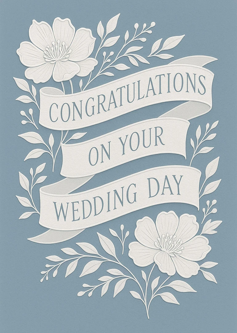 Floral wedding card with white ribbon banners reading congratulations on your wedding day on blue.