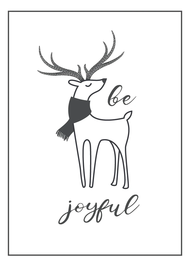 Minimal deer with scarf and dotted antlers beside Be Joyful in elegant script on white.