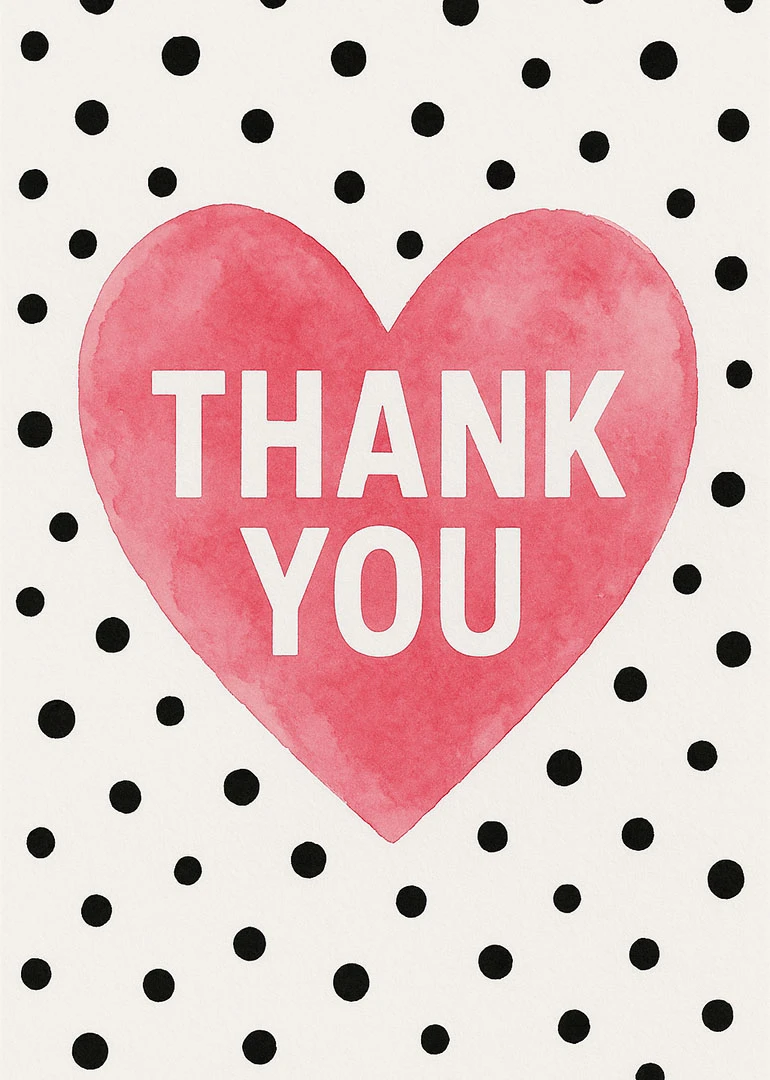 Pink watercolor heart with Thank You text on a card covered in black polka dots.