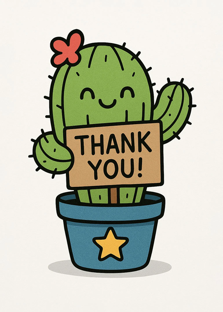 Smiling cactus in a blue pot holds a thank you sign with a small star.