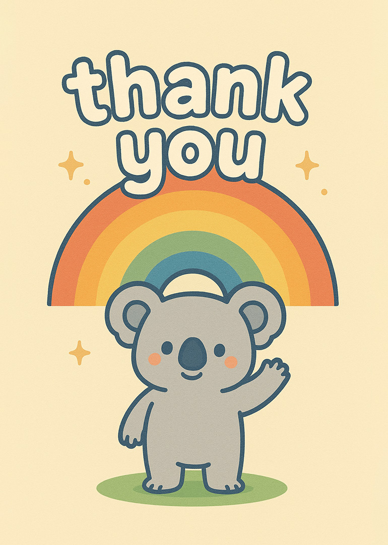 Cute koala waving under rainbow with thank you text and stars