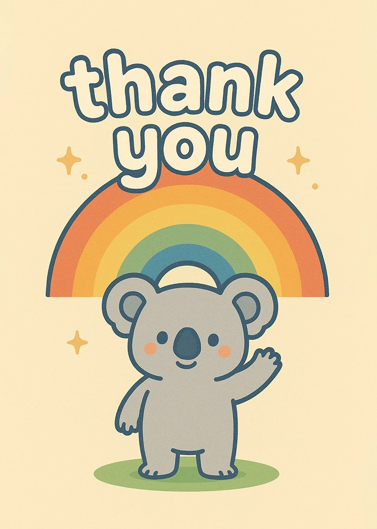 Cute koala waving beneath a rainbow with thank you text and sparkles on cream background.