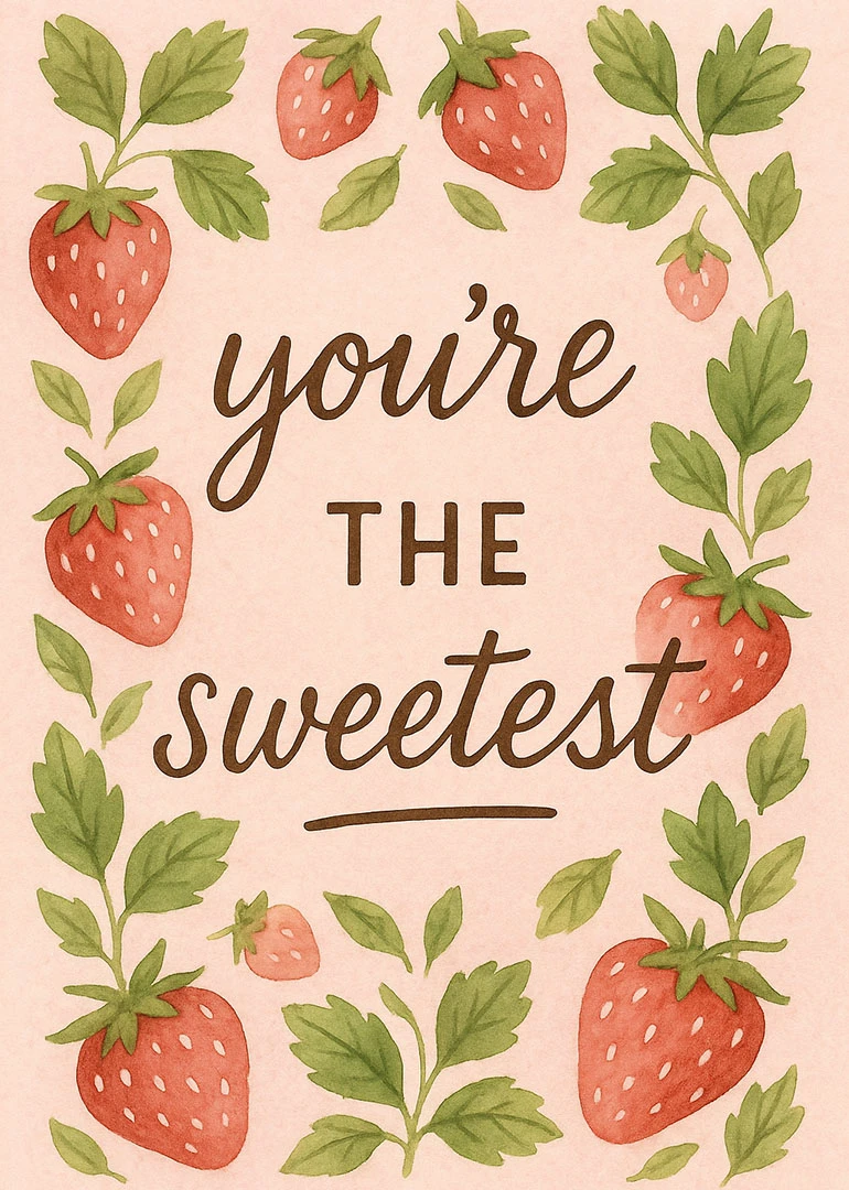 Watercolor strawberries and leaves surround the words you're the sweetest on a pink background card.