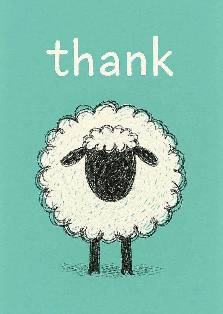 Cute sheep drawing with thank you text on teal background