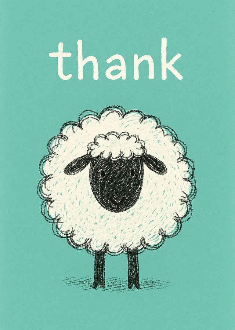 Cute fluffy sheep illustration with the word thank on a teal background in hand-drawn style.