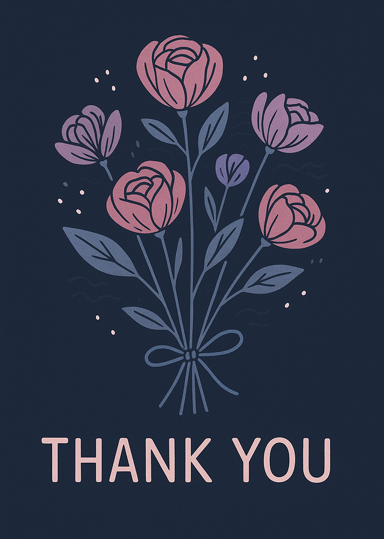 Thank you card with pink and purple flowers on dark background