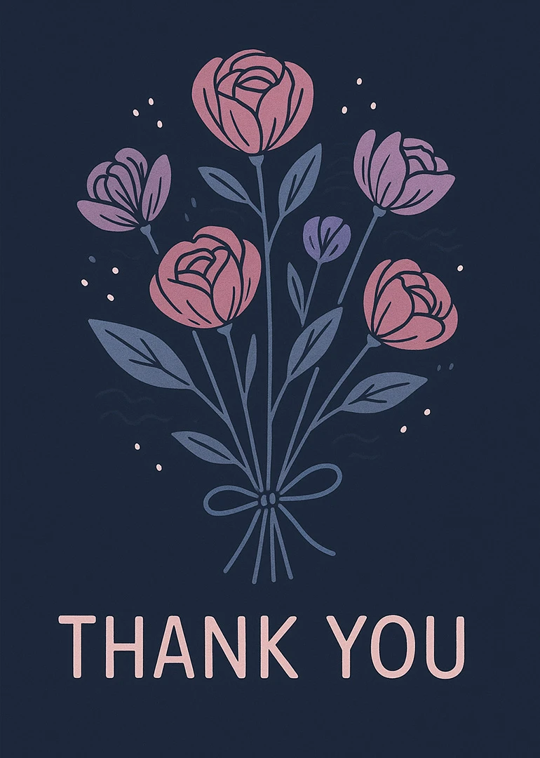 Pink and lavender flower bouquet with THANK YOU text on a dark navy background card.