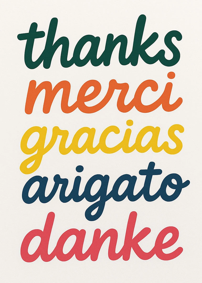 Colourful stacked thank you words in several languages on a clean white background card design.