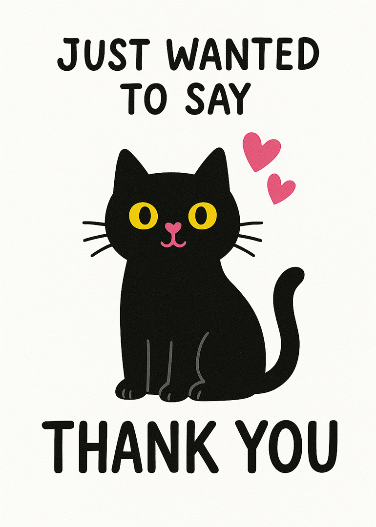 Black cat with yellow eyes and pink hearts saying thank you