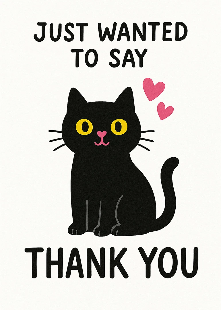 Cute black cat with hearts and bold thank you text on a clean white card.