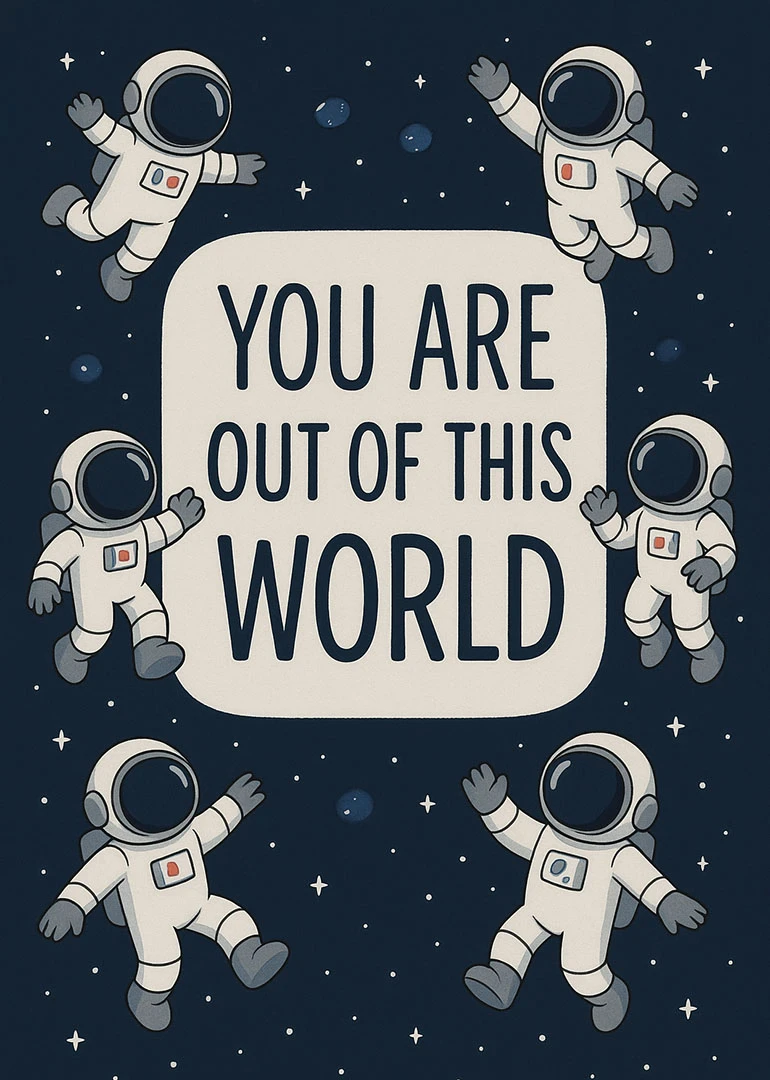 Six astronauts float around a space card saying You Are Out of This World.