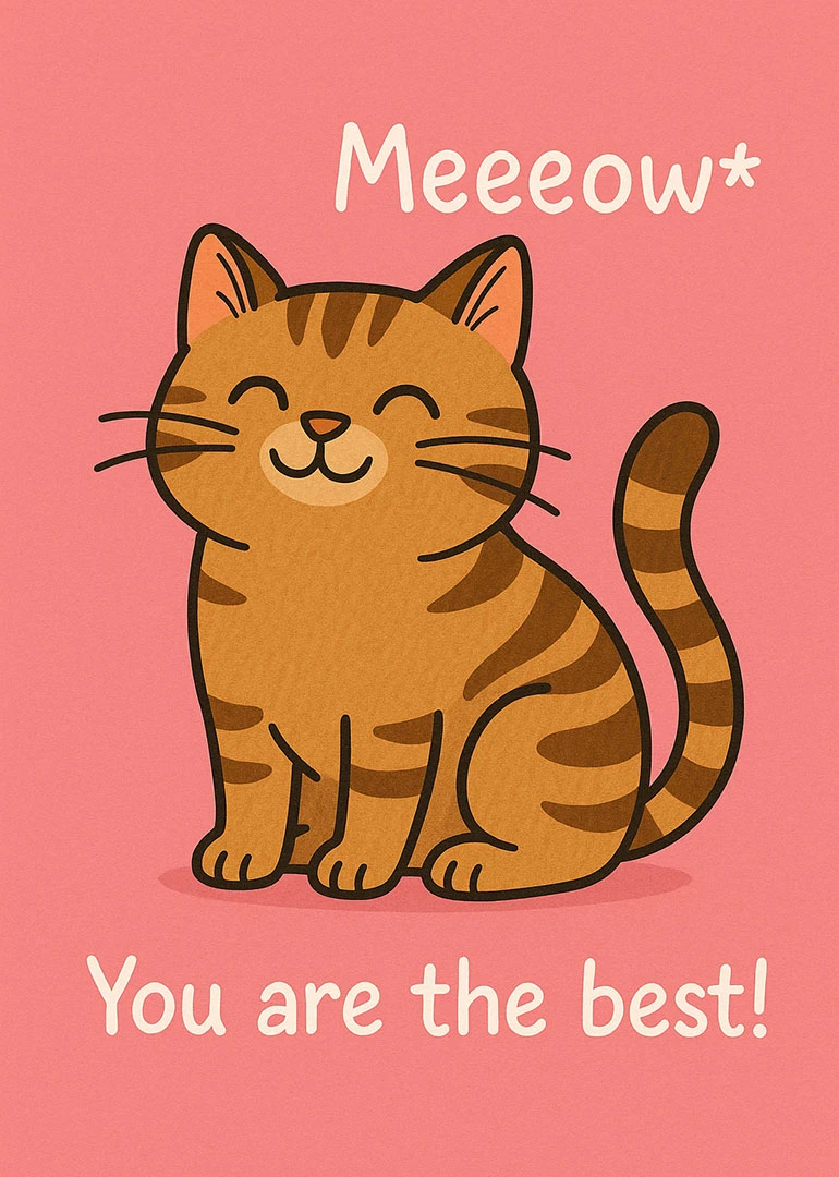 Smiling cartoon tabby cat on pink background with Meeeowt and You are the best message.