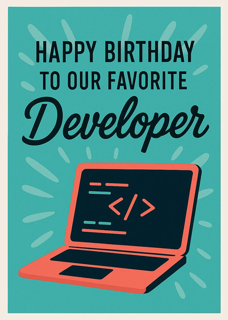 Turquoise birthday card with laptop code and text saying Happy Birthday to our favorite Developer.