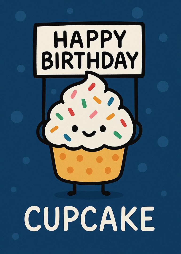 Smiling cupcake with sprinkles holds a Happy Birthday sign on a blue background for celebrations.