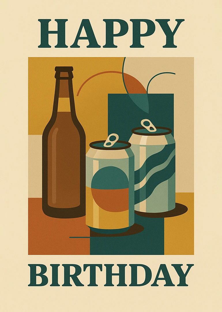 Birthday card with beer bottles and cans under bold Happy Birthday text in retro colors.