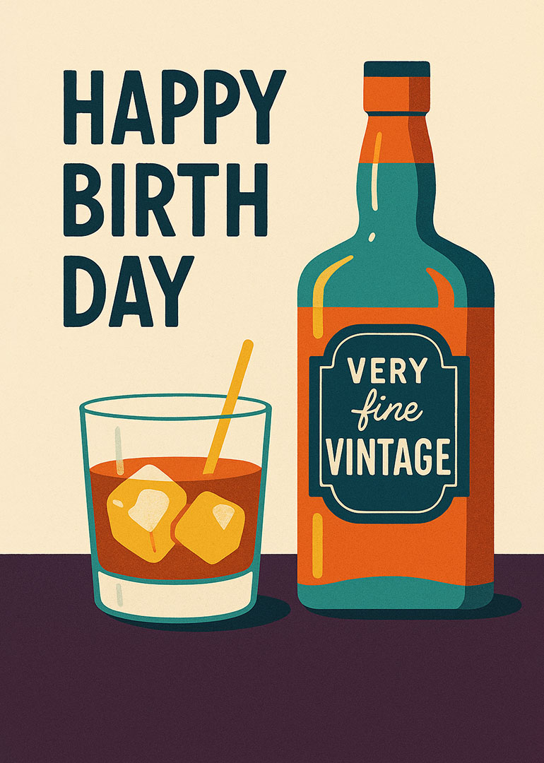Vintage style birthday card featuring whiskey bottle and glass with ice cubes