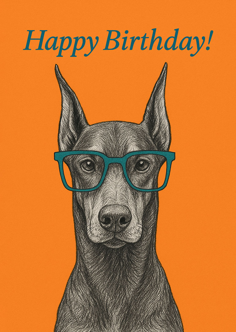 Doberman dog wearing teal glasses on orange background with Happy Birthday text