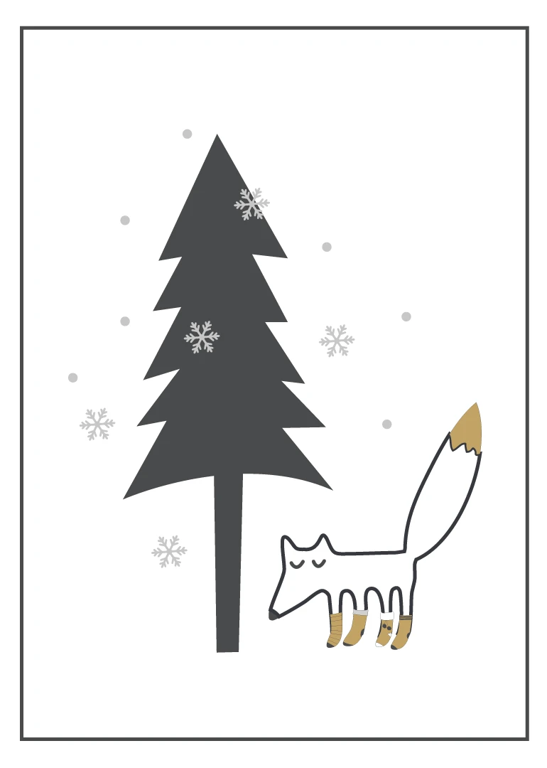 A minimalist Christmas tree with snowflakes and a sleeping fox on a white background card.