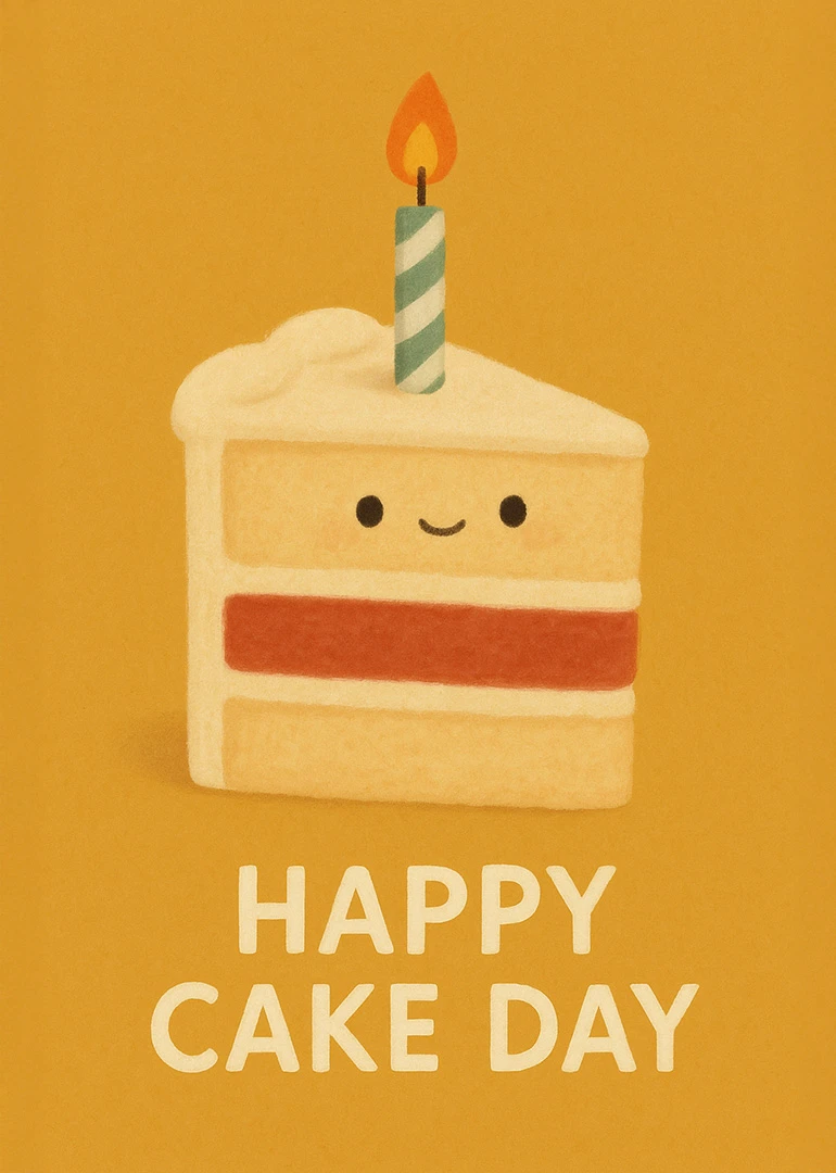 Cute smiling cake slice with candle and Happy Cake Day text on a golden background.