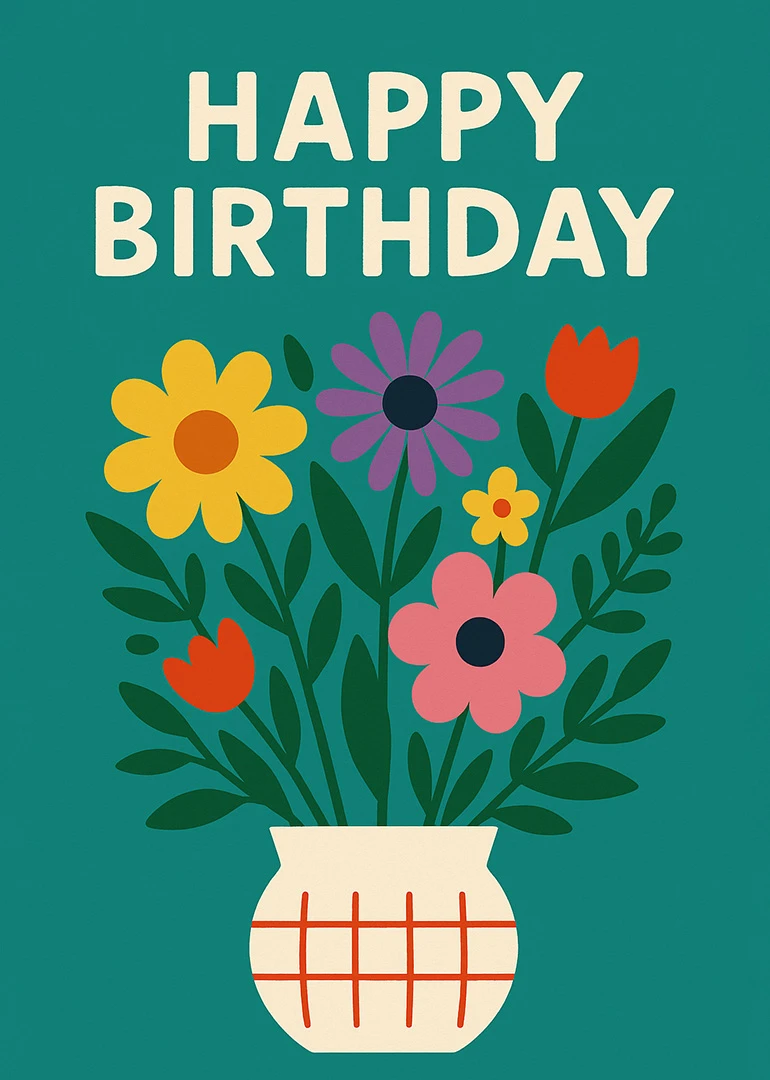 Colourful flowers in a vase beneath Happy Birthday text on a teal background card design.