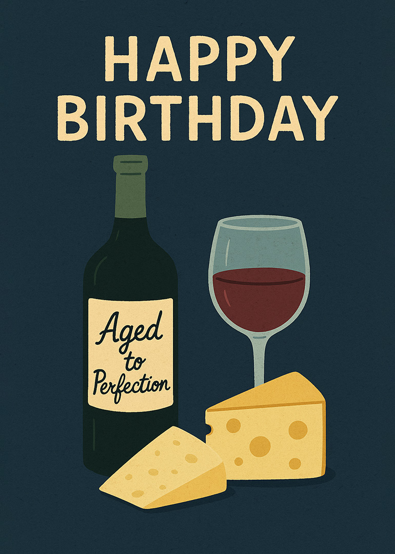Birthday card with wine bottle, glass of red wine, cheese, and happy birthday text