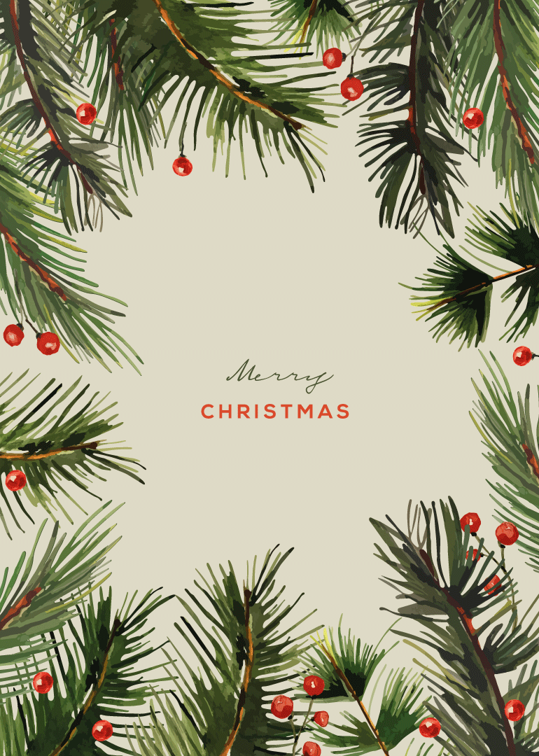 Christmas card with pine branches and red berries framing Merry Christmas text