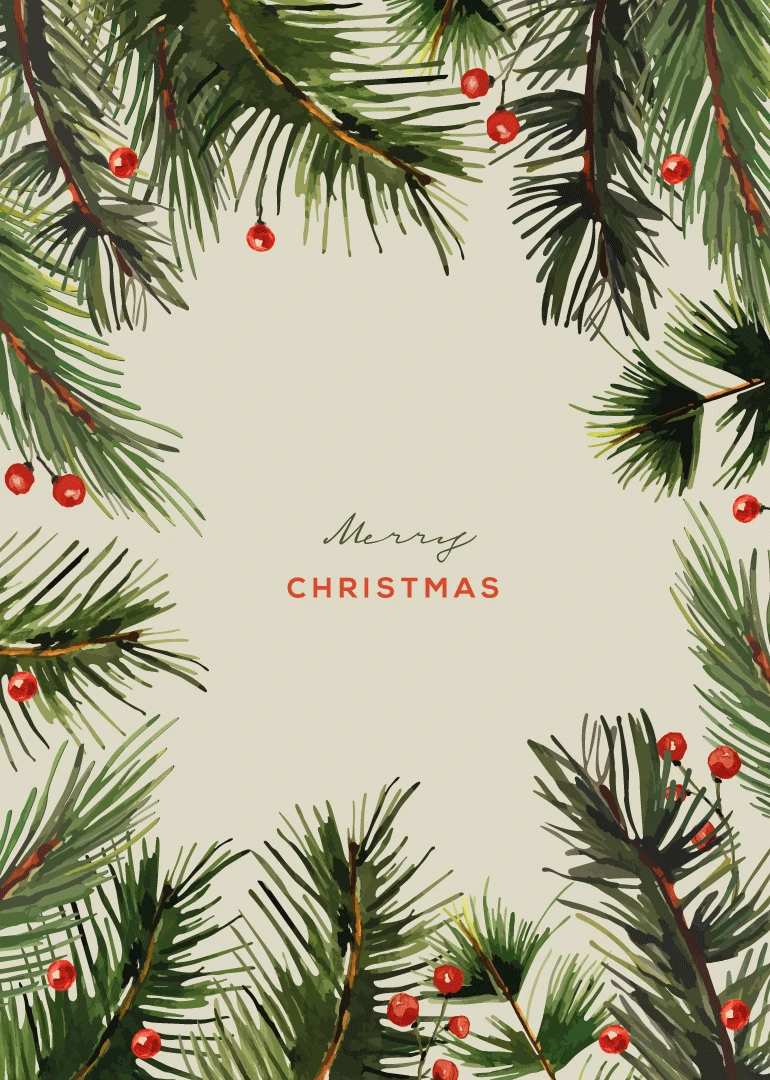 Watercolor pine branches and red berries frame Merry Christmas in the center on cream background.