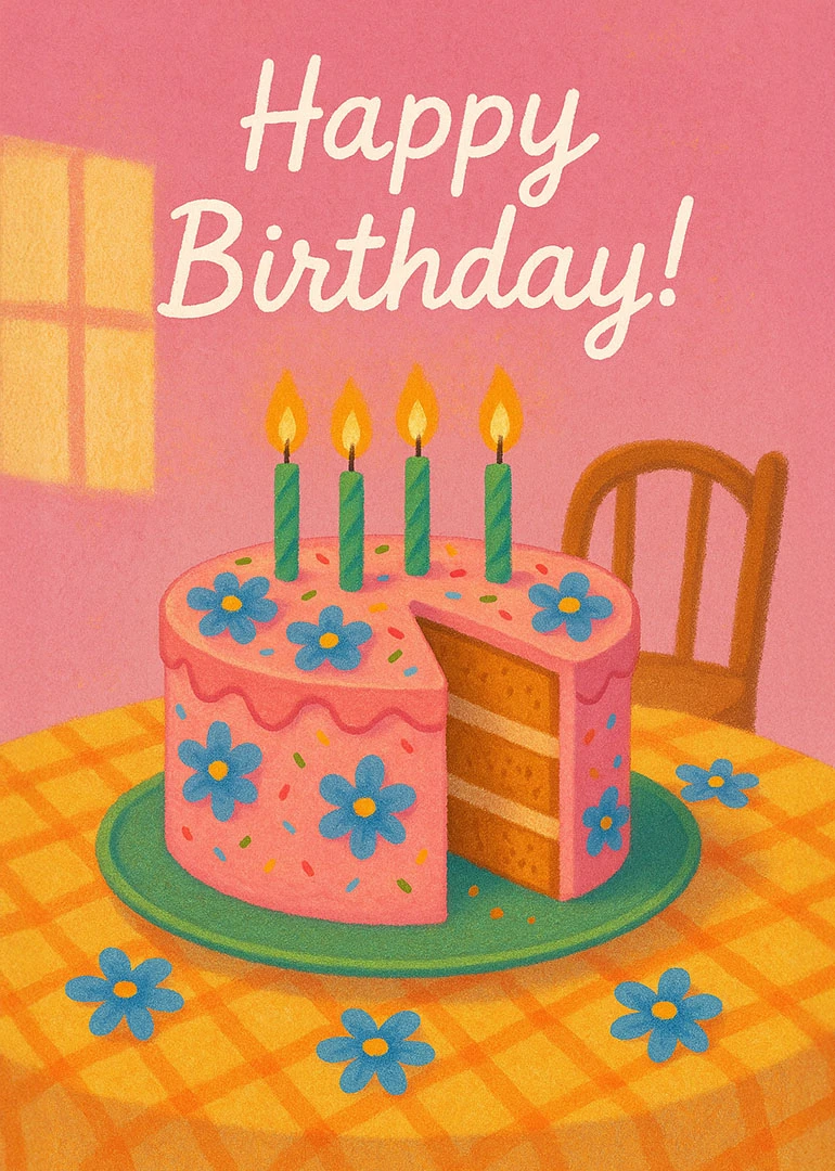 Pink birthday card with a sliced cake, lit candles and blue flowers on a table.