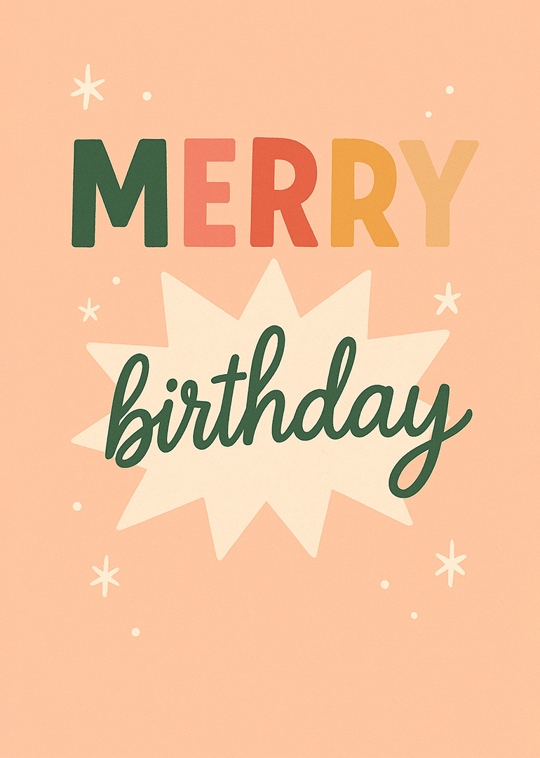 Colorful merry birthday text with starburst and small stars on peach background
