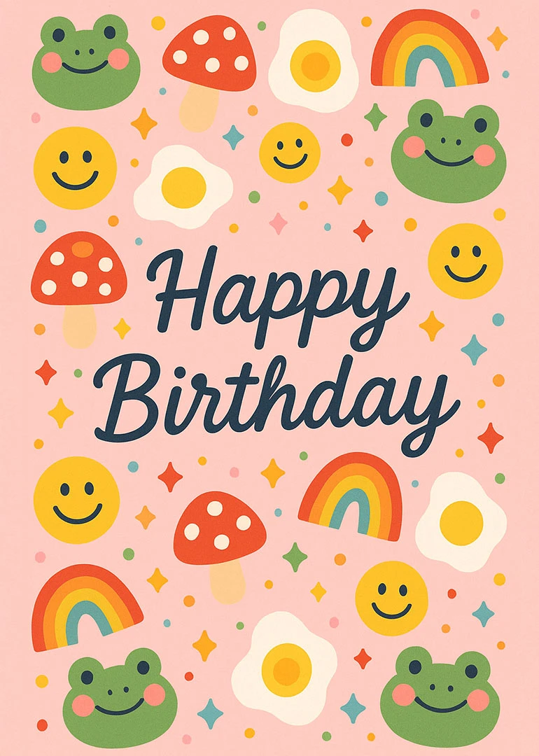 Cute pink birthday card with frogs, rainbows, eggs, mushrooms and smiling faces around Happy Birthday.