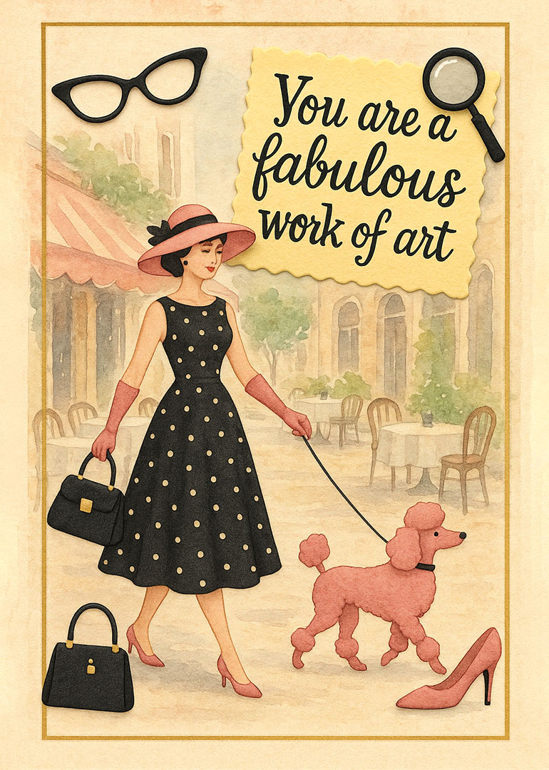 Vintage woman in polka dot dress walking pink poodle with inspirational message