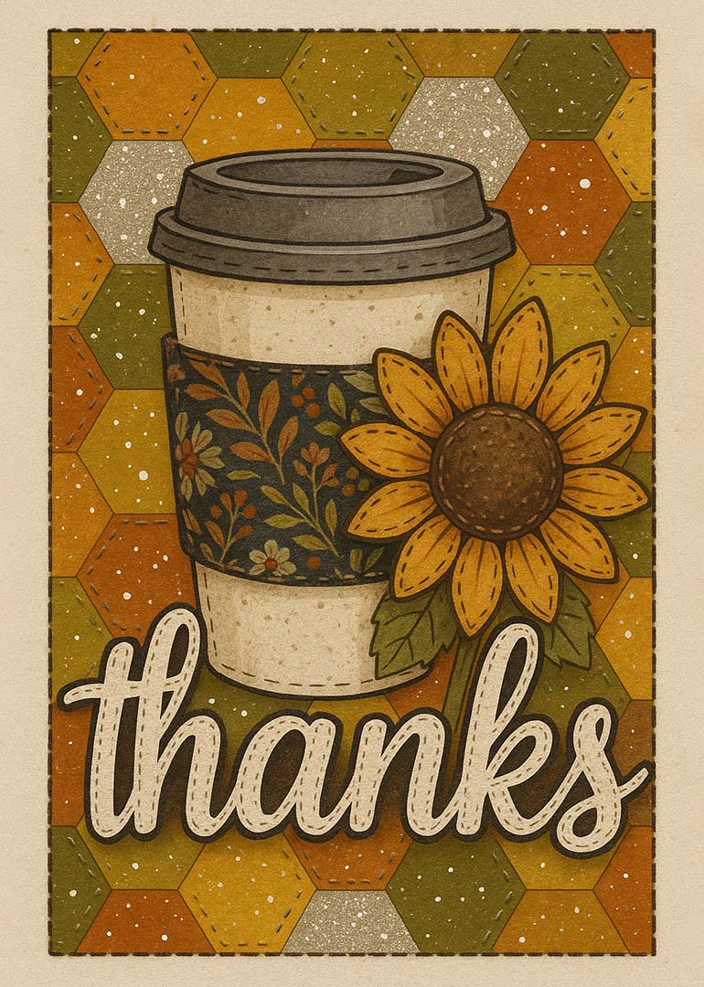 Thank you card with coffee cup and sunflower on hexagonal patterned background
